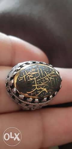 خاتم فضه ايرانى قديم بحجر الهيماتيت الطبيعى الدهبى من النوادر منقوش 0